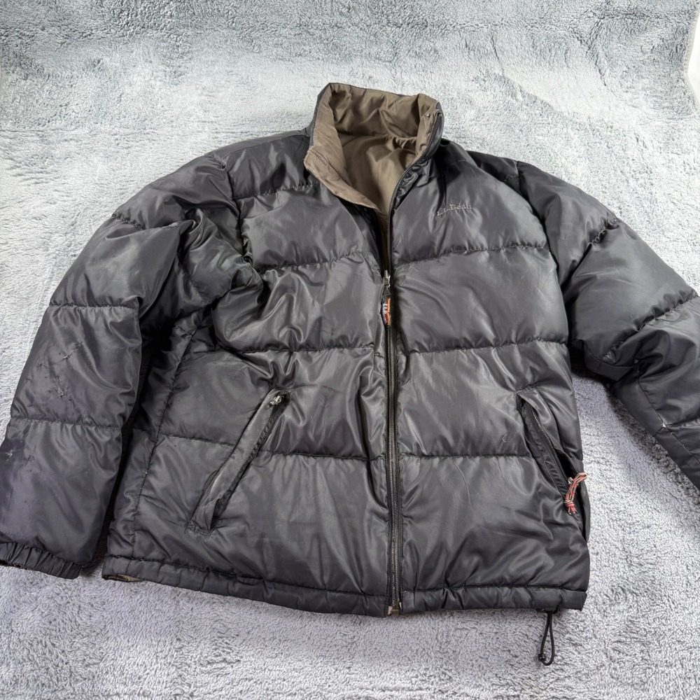 LL Bean Reversible Down Puffer Jacket Mens L Black Brown Fair Goose Down Coat